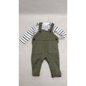 Baby Place Bundles 2‎ Piece Set Striped Bodysuit Olive Overalls 0-3M NWT